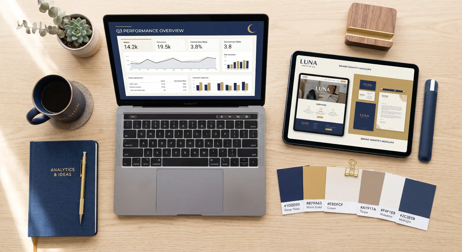 Designer's desk with brand mockups, analytics dashboard and colour palette swatches