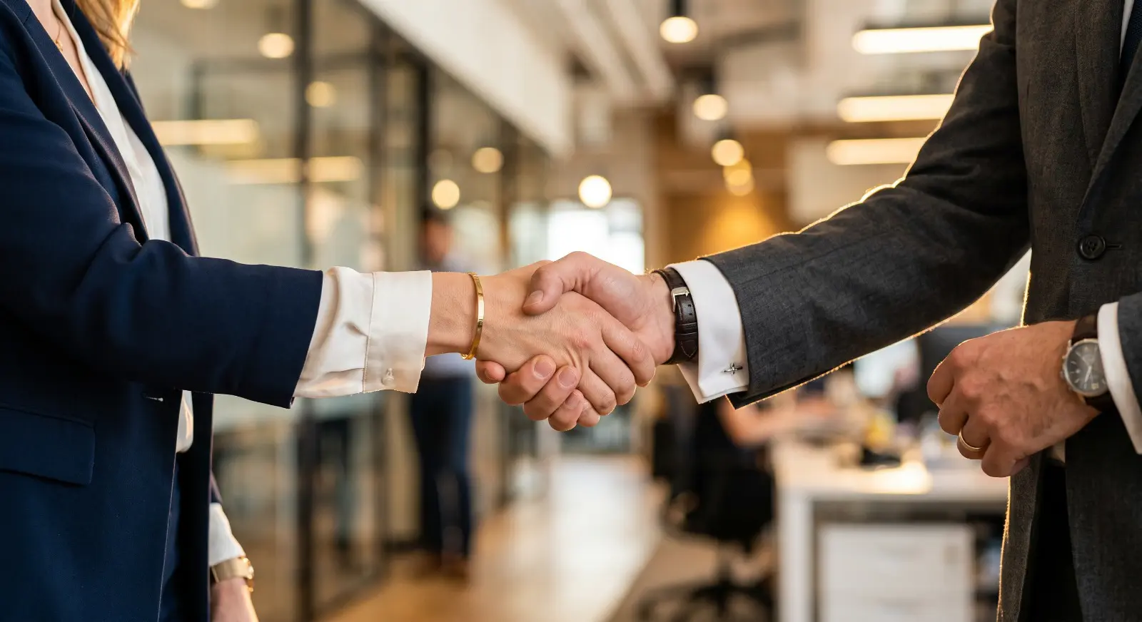 Two professionals shaking hands in a modern office setting