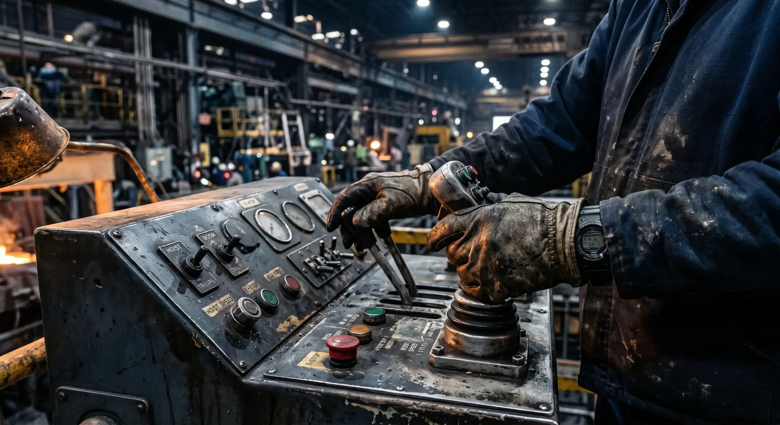 Worker operating heavy machinery controls on an industrial plant floor