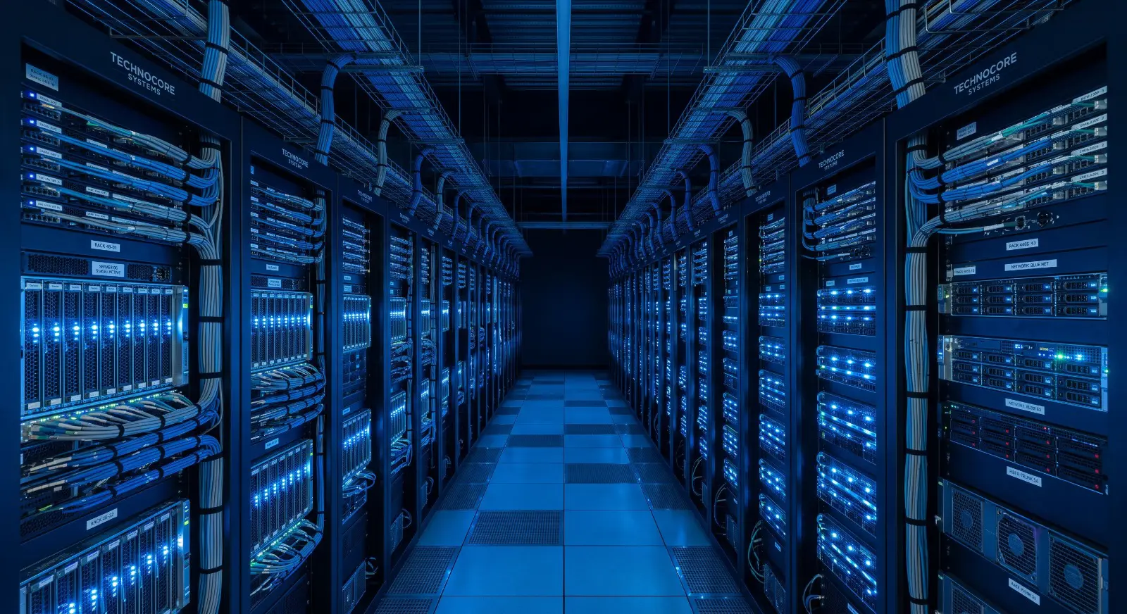 Rows of illuminated server racks in a modern data center