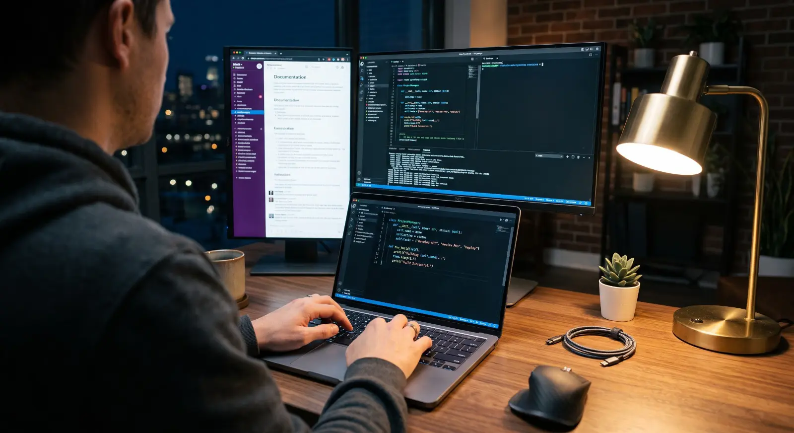 Developer working across dual monitors with code editor open at a desk